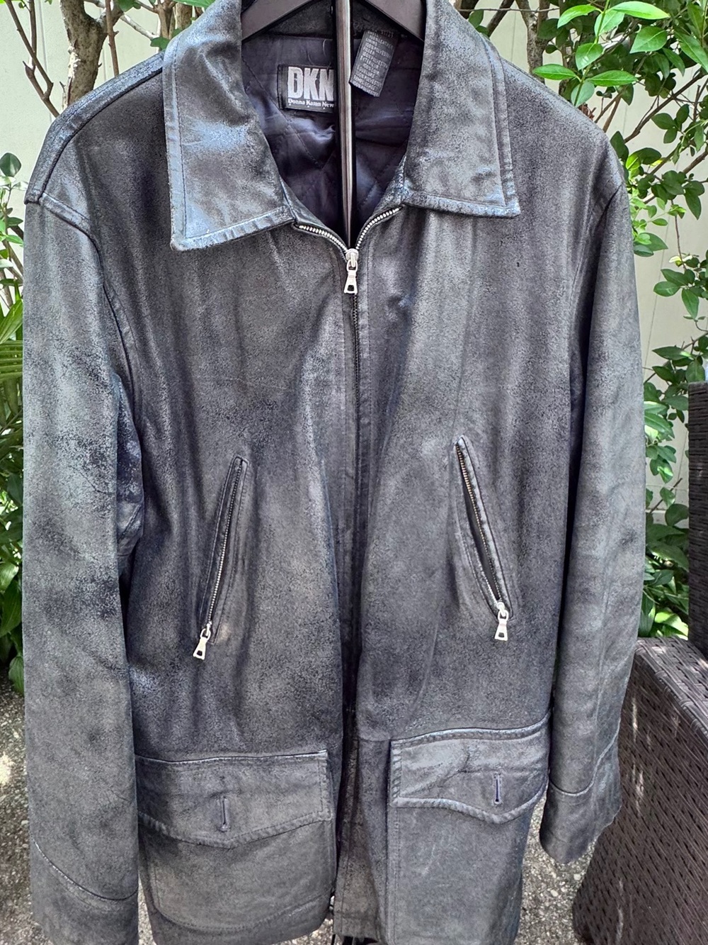 Vintage Early 1990s DKNY Donna Karan New York Distressed Leather Coat Size L